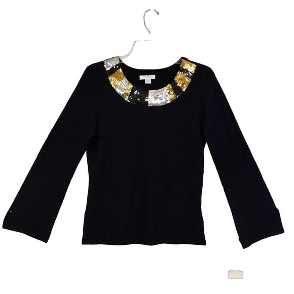 MERCER Black knit sequin embellished neckline long sleeve sweater - Picture 2 of 4